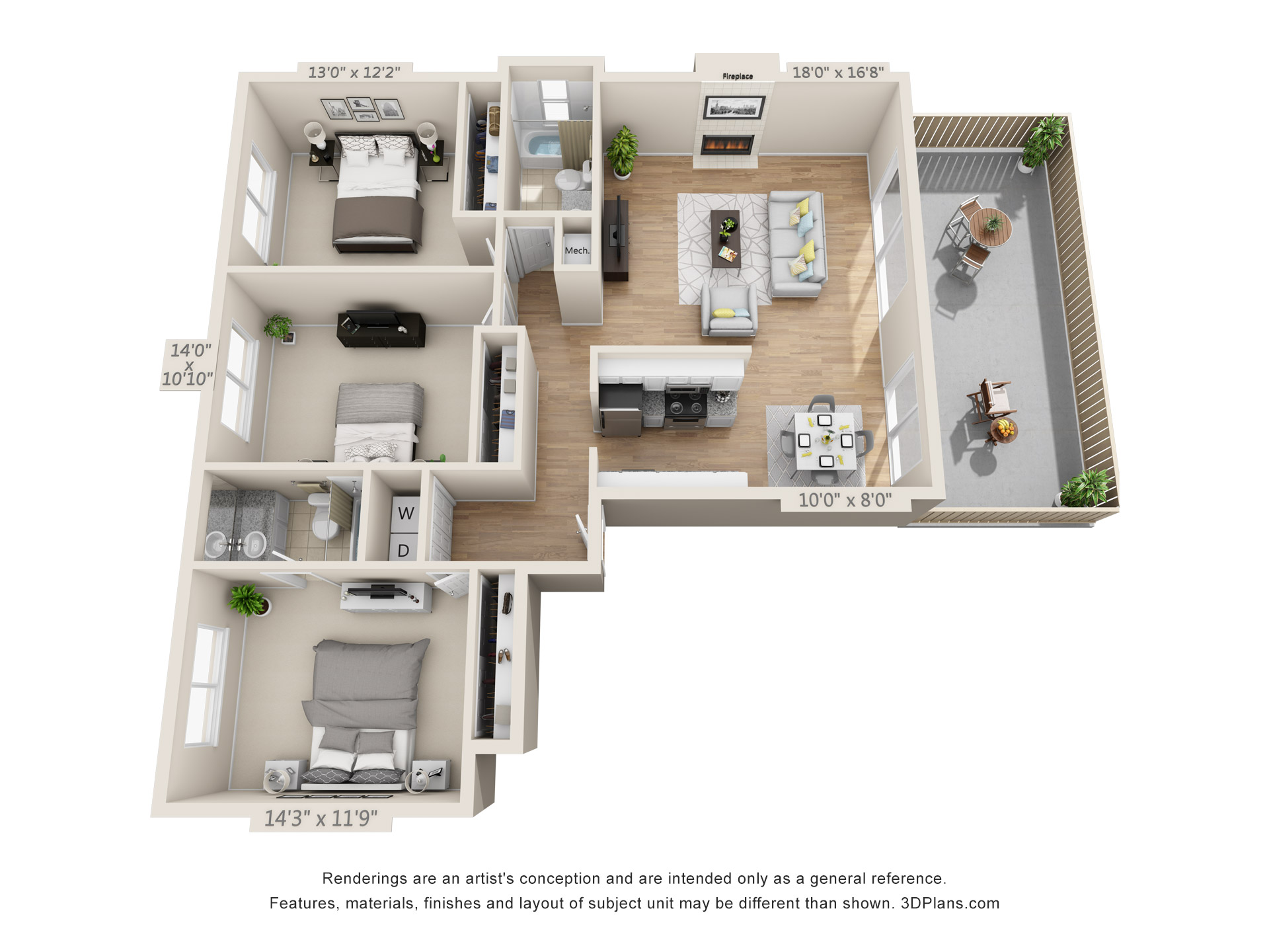 Floor plan for 3 beds, 2 baths, 1325 sqft